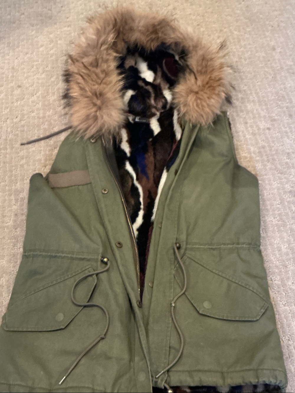Love Token Olive Green Utility Parka Vest with real Fur trim Hood